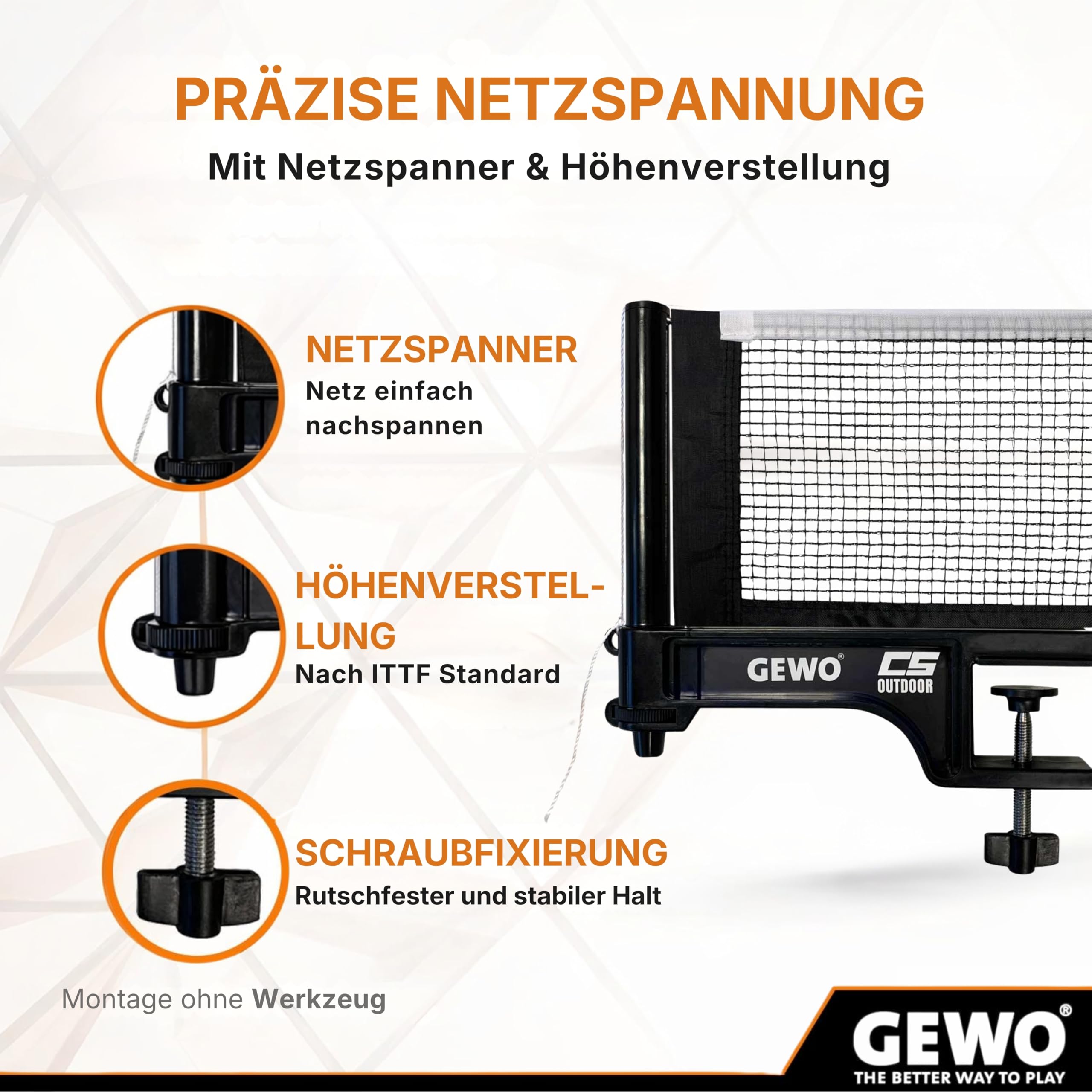 GEWO CS Outdoor Tischtennisnetz Schwarz Wetterfest Halter