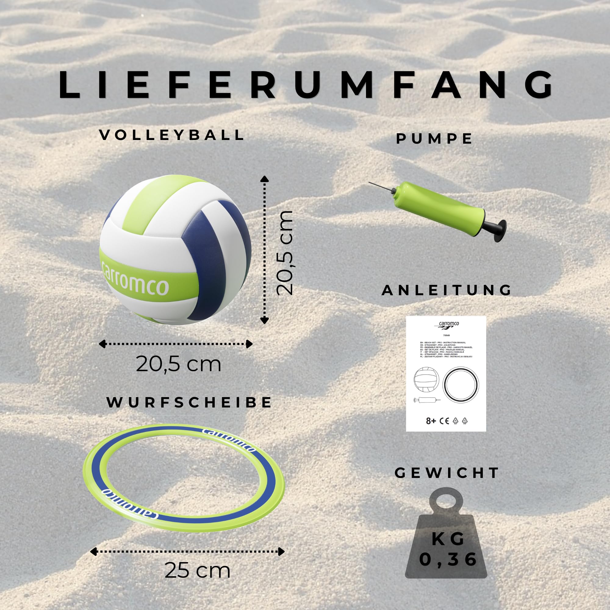 Carromco Beach Set Pro Volleyball Frisbee-Ring mit Pumpe