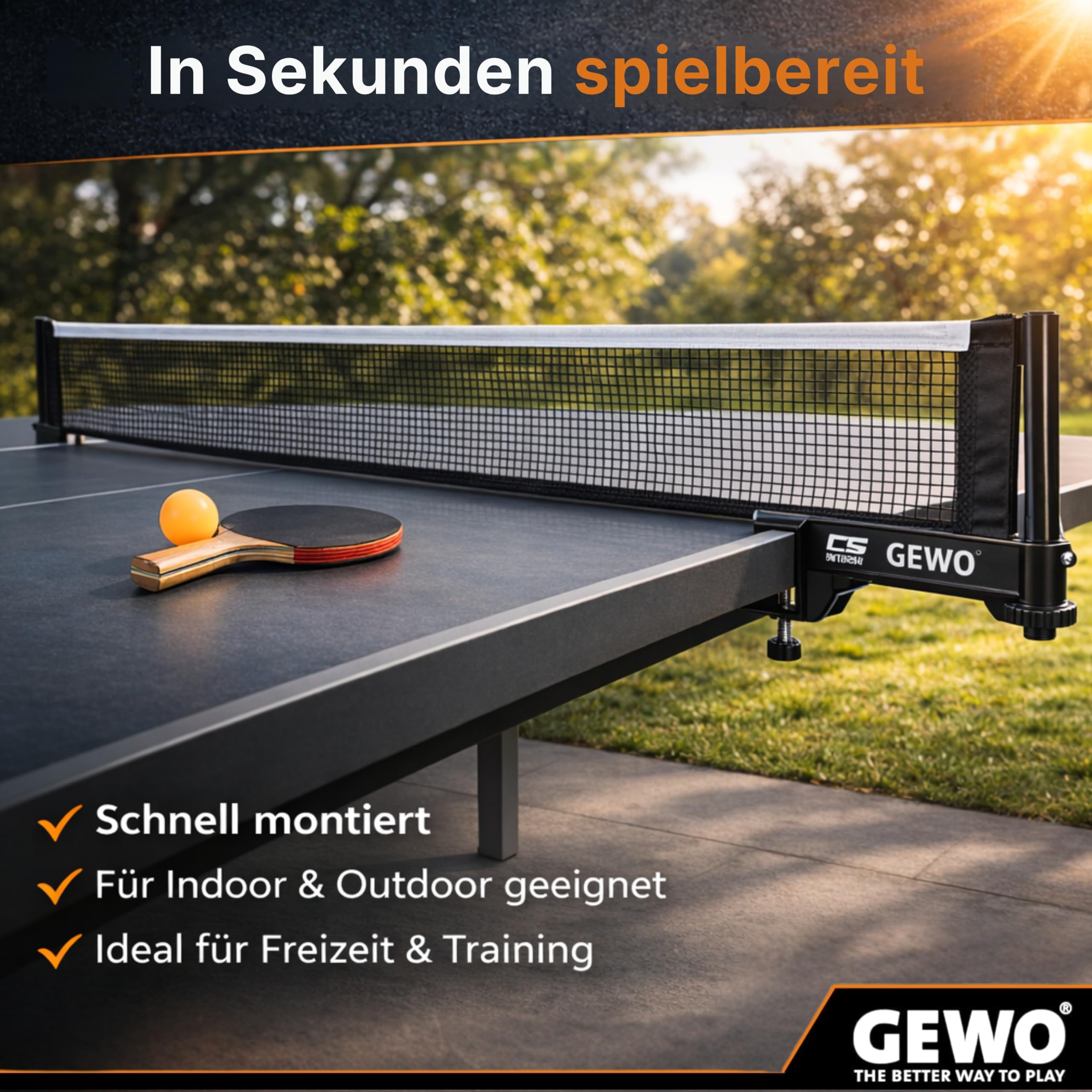 GEWO CS Outdoor Tischtennisnetz Schwarz Wetterfest Halter