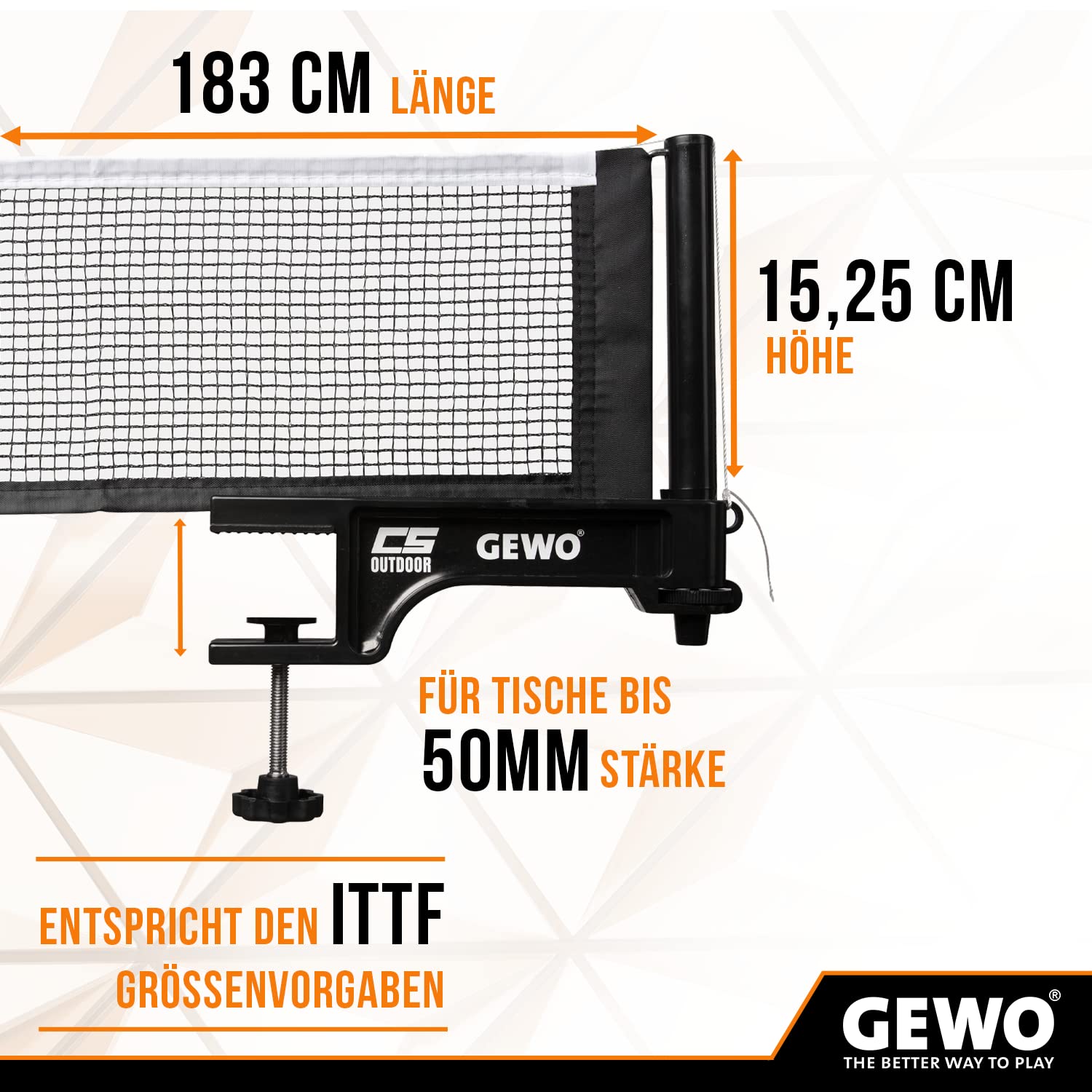 GEWO CS Outdoor Tischtennisnetz Schwarz Wetterfest Halter