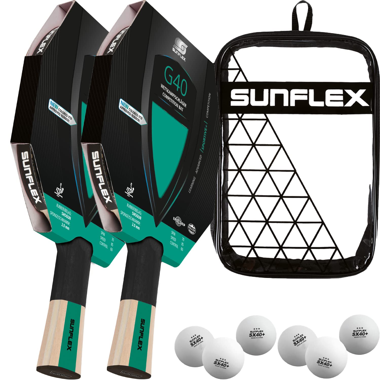 Sunflex Color Comp G40 Tischtennisschläger Grün Set Hülle Bälle