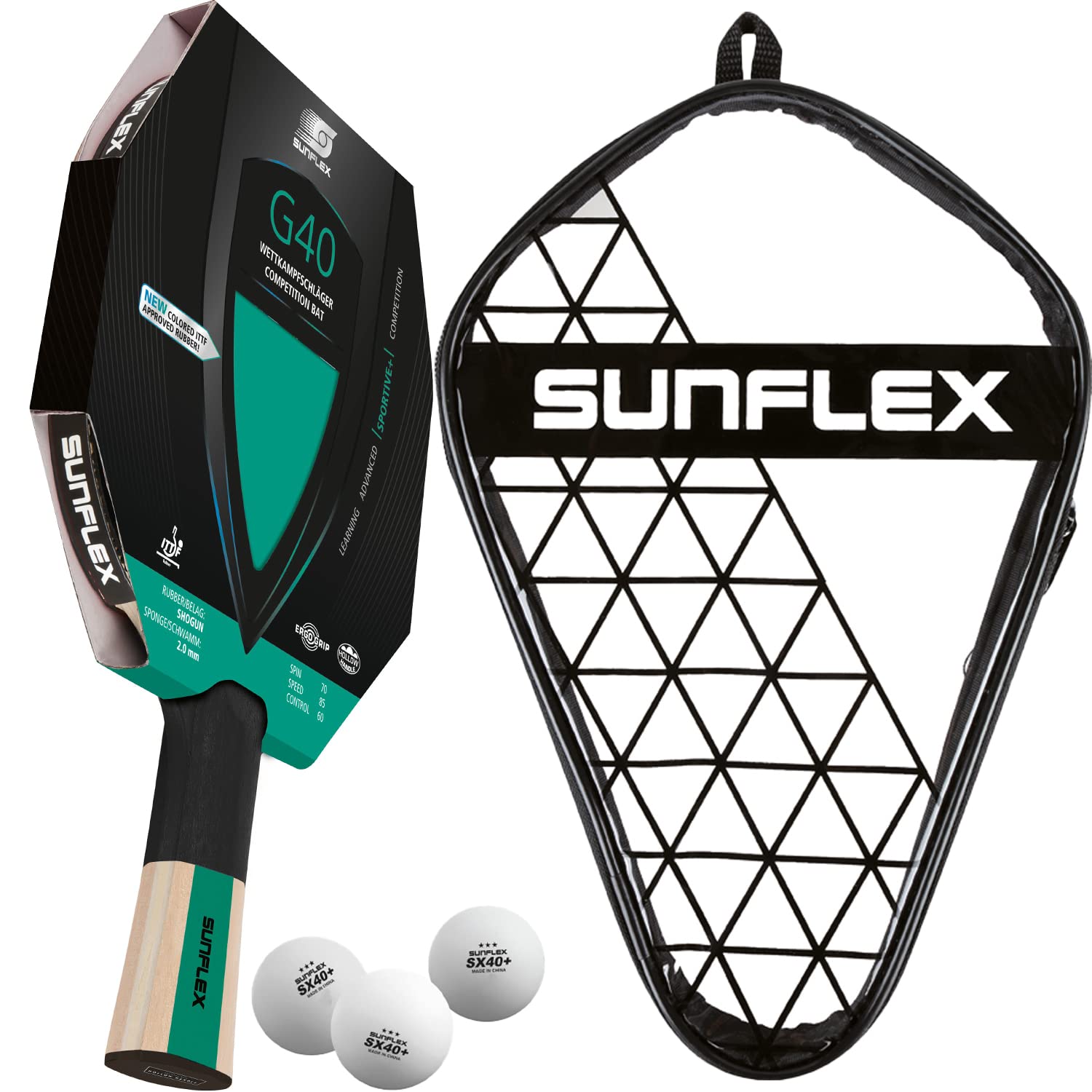 Sunflex Color Comp G40 Tischtennisschläger Grün Set Hülle Bälle