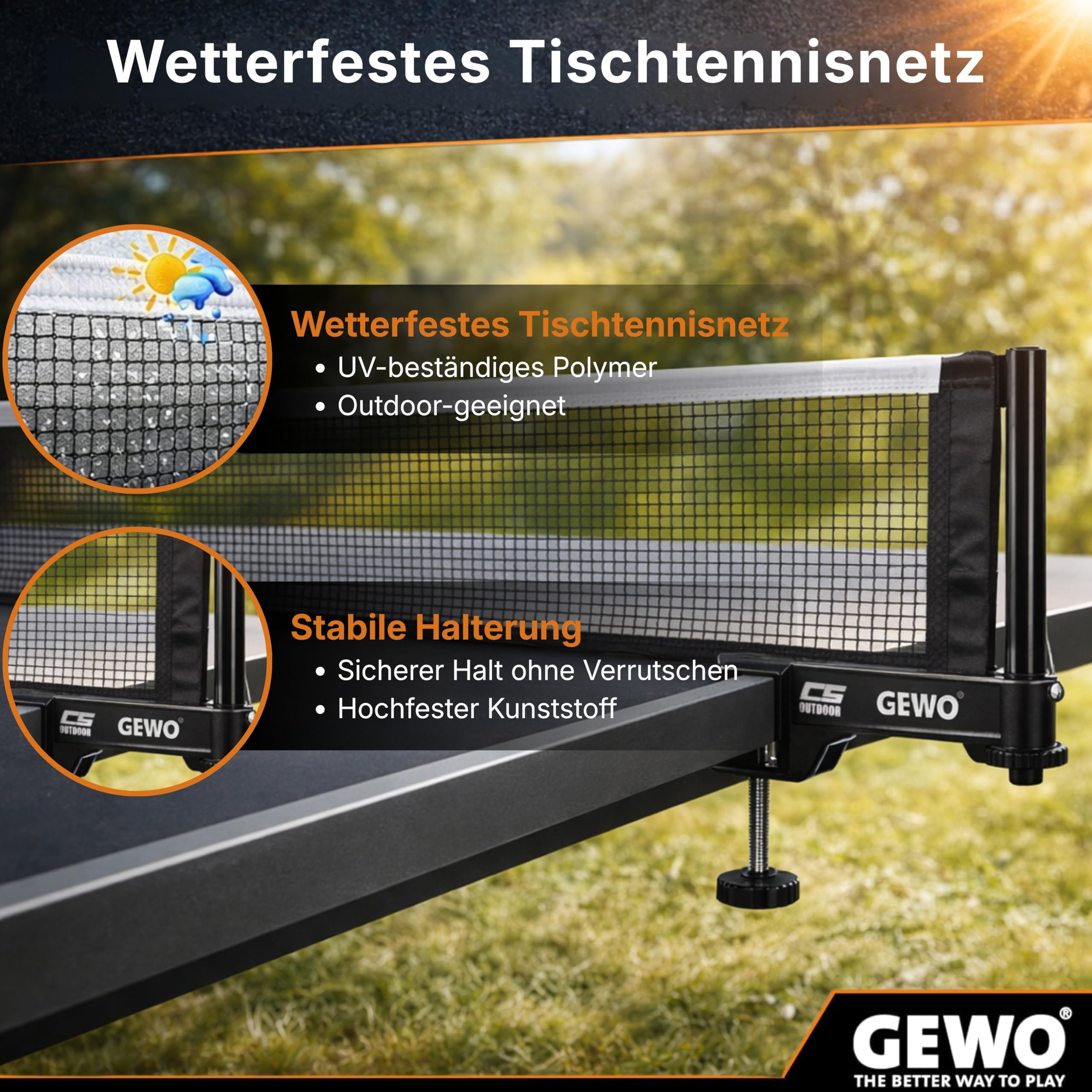 GEWO CS Outdoor Tischtennisnetz Schwarz Wetterfest Halter