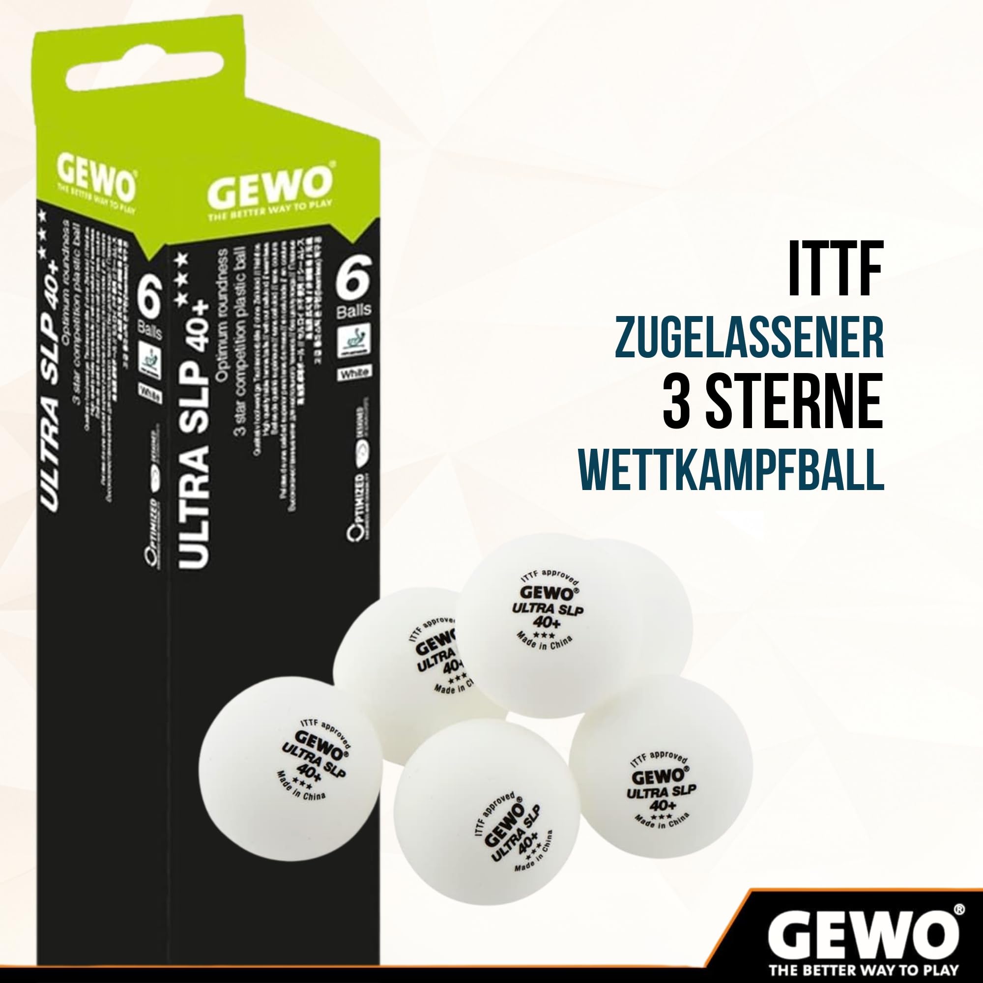 GEWO Ultra SLP Tischtennisbälle 40+ weiß 6 Stück 3 Sterne