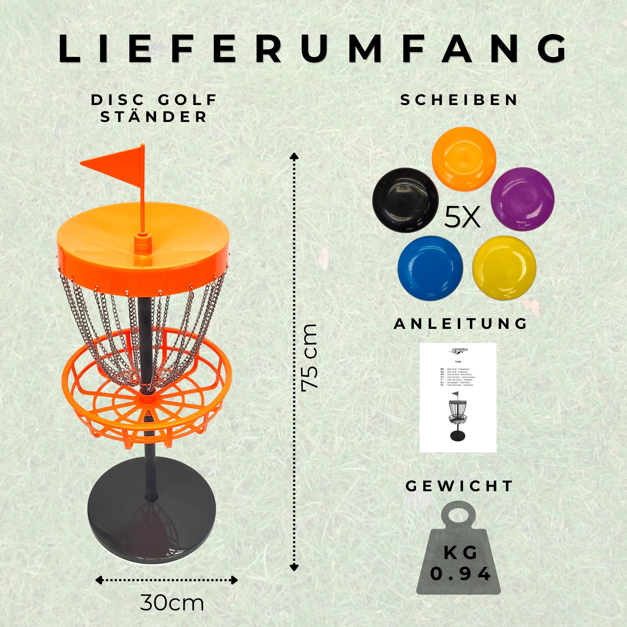 Carromco Disc Golf Set Korb 75cm mit 5 Wurfscheiben