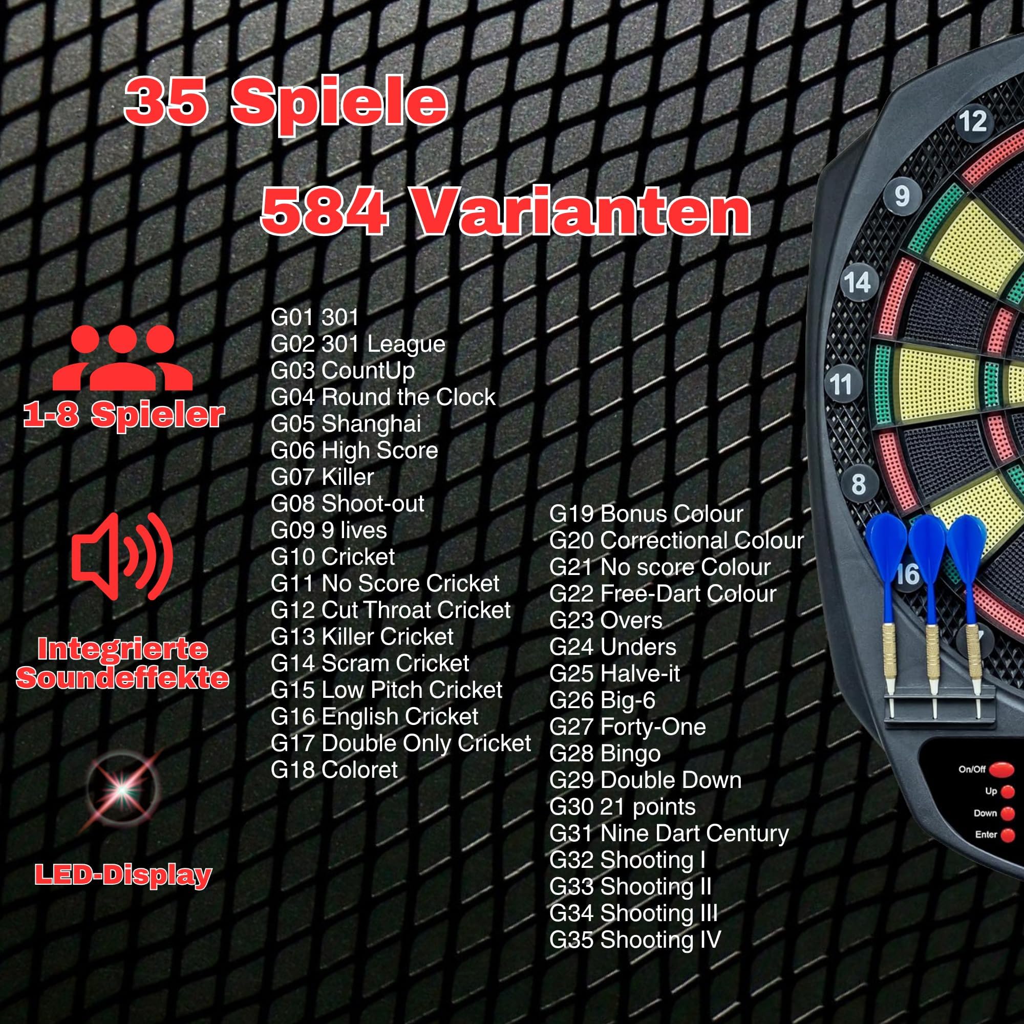 Carromco Striker-401 E-Dartscheibe 35 Spiele LED