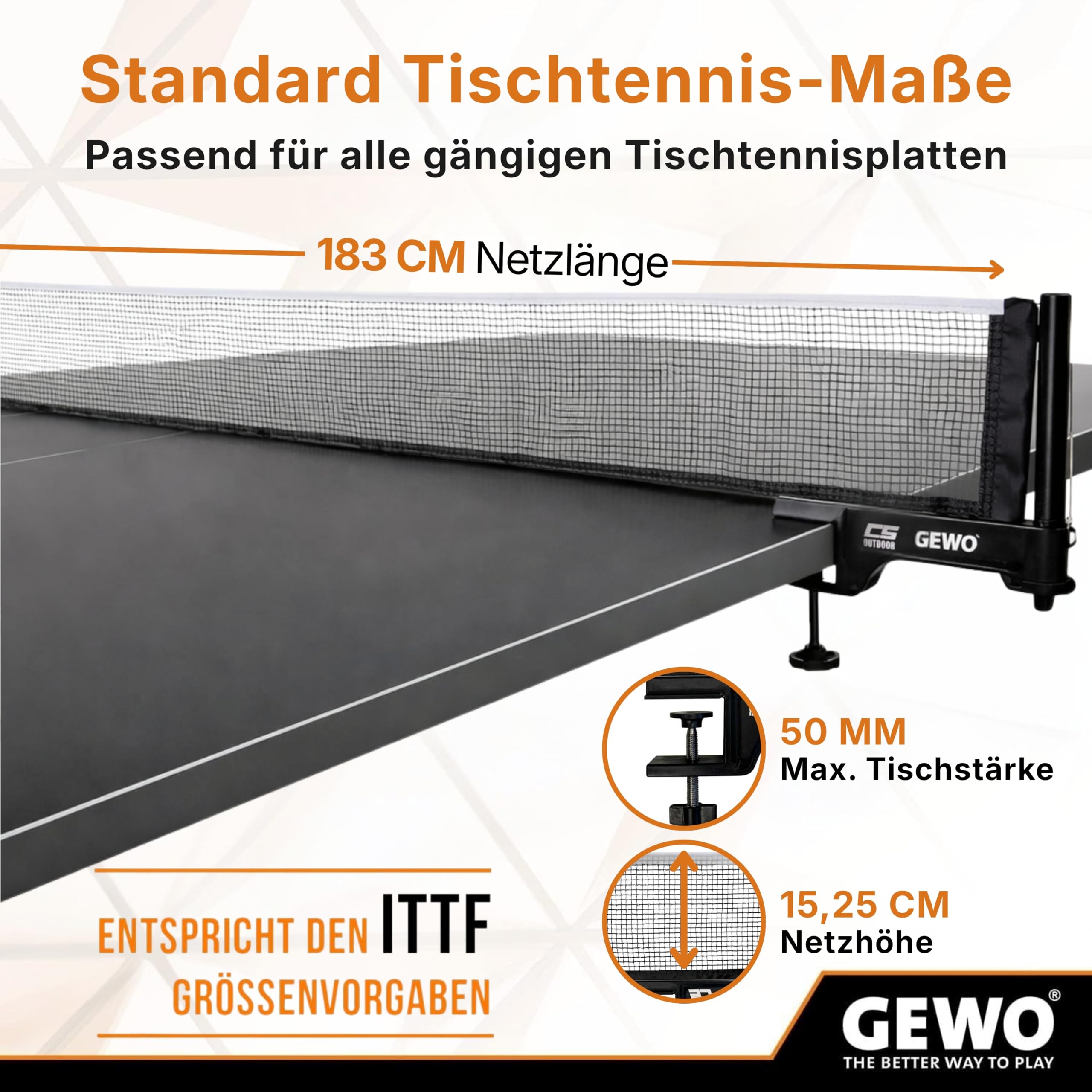 GEWO CS Outdoor Tischtennisnetz Schwarz Wetterfest Halter