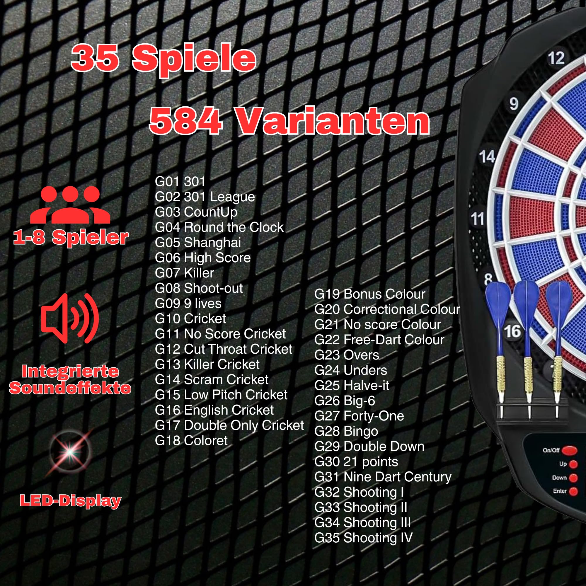 Carromco Striker-401 E-Dartscheibe 8 Spieler 34 Spiele